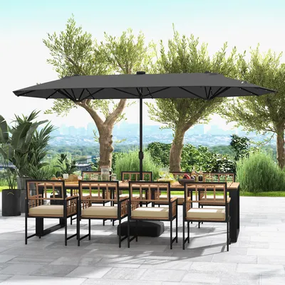 Produktbild von COSTWAY Doppelsonnenschirm 400x 200cm, Gartenschirm mit Kurbel, Ständer und LEDs, Sonnenschirm UPF 50+ Groß XXL Grau