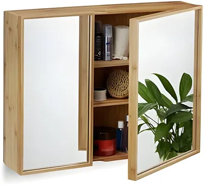 Produktbild von PolkaHome® Bambus Spiegelschrank mit 2 Türen - Hängender Badezimmerschrank mit 3 Regalen - Naturfarbe - Maße: 50 x 65 x 14 cm