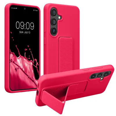 Produktbild von kwmobile Handyhülle für Samsung Galaxy S25 Hülle - TPU Silikon Case mit Fingerhalter und Stand - Schutzhülle Cover in Neon Pink
