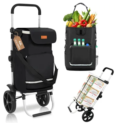 Image de Chariot de courses pliable - 3 en 1 : chariot de courses, sac à provisions, sac à bandoulière - Compartiment isotherme - Sac amovible - Noir