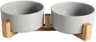 Immagine prodotto di Ciotole in Vetroceramica per cani e gatti - con supporto in legno - 2 x 395 ml - grigio
