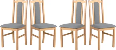 Four wooden dining chairs with gray upholstered seats and backrests are arranged side-by-side against a white background.