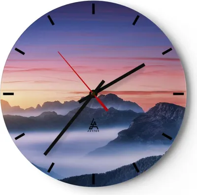 Produktbild von Wanduhr - Rund - Glasuhr - Westen Sonne Berge - 30x30cm - Schleichendes Uhrwerk - Lautlos - zum Aufhängen bereit - Dekoration Modern - Wanddekoration aus Glas - C3AR30x30-4525
