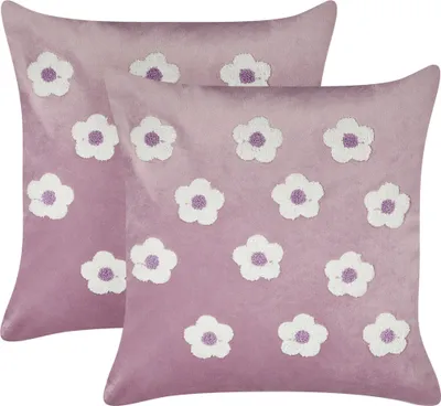 Produktbild von BELIANI Dekokissen 2er Set Violett Samtstoff 45 x 45 cm mit Blumen Bestickt Pflanzenmotiv Quadratisch Modern Wohnzimmer Schlafzimmer Kinderzimmer