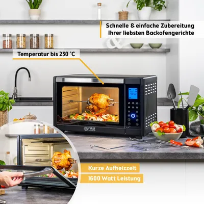 Produktbild von TZS First Austria - Minibackofen Digital 30L 1600W - Mini Backofen stufenlose Temperaturregelung bis 230°C - Miniofen 180 Min-Timer, 3 Einschubhöhen, Backblech & Grillrost - Für kleine Küchen & Camping