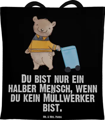 Produktbild von Mr. & Mrs. Panda Tote Bag Müllwerker Herz - Schwarz - Geschenk, Tragetasche, totebag, Müllmann, Spruch, Lustig, Schultasche, Stoffbeutel, Witzig, Tasche, Müllfahrer