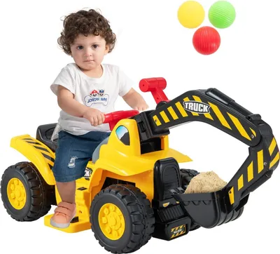 Produktbild von DREAMADE Elektro Sitzbagger zum draufsitzen mit Fernbedienung & internem Stauraum, Kinderbagger mit Basketballkorb & Sound & Hupe & 3 Bällen