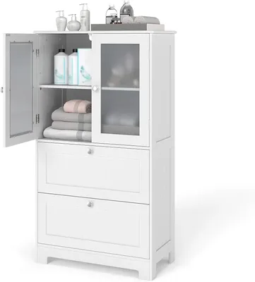 Immagine prodotto di Mobile da bagno KOMFOTTEU con 2 cassetti e 2 ante, mobile da bagno con ripiano regolabile, mobile verticale con protezione antiribaltamento