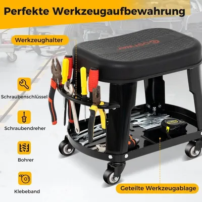 Produktbild von Werkstatthocker Werkstattstuhl mit Geräteablage und Werkzeughalter Werkstatt Rollhocker Schwarz