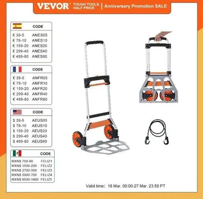 Image de Diable pliable avec plateau en acier inoxydable, capacité de charge de 125 kg, poignée télescopique