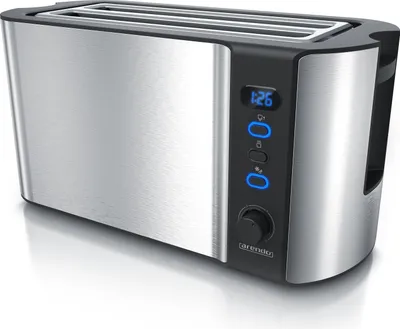 A modern, silver toaster with a digital display and control buttons.