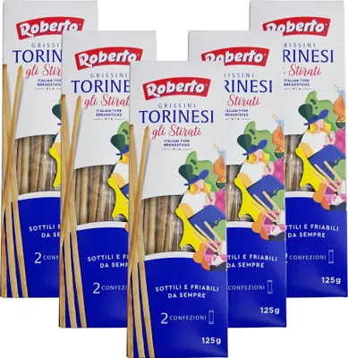 Produktbild von Roberto Grissini Torinesi 5x125g Beutel | ultra-dünne Brotstangen | als Snack, Beilage oder im Büro | auch perfekt zu Käse- oder Salamiplatten