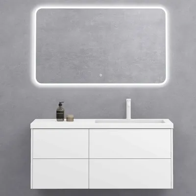 Produktbild von doporro Mineralguss-Waschbecken 120x46x54 cm in Matt weiß 2-teilig Waschbeckenunterschrank mit 4 Schubladen Serie-Moment montagefertig inkl. LED-Spiegel