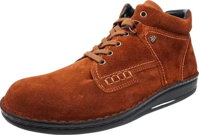 A single brown suede boot is shown against a white background.