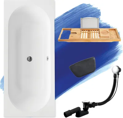 Productafbeelding van Badkuip, rechthoekig, 170x75 + bamboe opbergplank + hoofdkussen, KODI, afvoer en poten gratis | Complete set 5-in-1, originele acryl badkuip met sifon | BADLAND VITAE