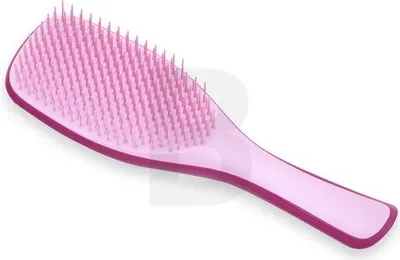 A pink hairbrush on a white background.