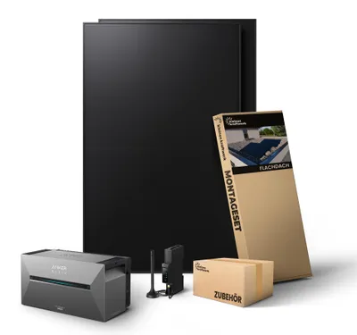 Produktbild von Kleines Kraftwerk 960W Balkonkraftwerk Flachdach Halterung (bifazial) inkl. Anker Solarbank 3 Pro – 0% MwSt – Solaranlage mit Speicher