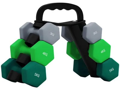 Produktbild von Hantelset mit Aufbewahrungsgestell, Set mit 6 Hanteln für Fitness-Training, 2 x 3kg, 2 x 4kg, 2 x 5kg