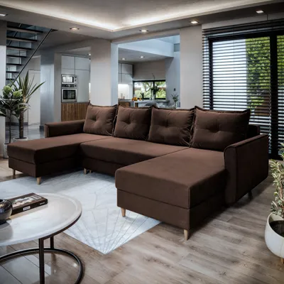 Zdjęcie produktu dla Masseno Narożnik VERNI z funkcją spania i pojemnikiem na pościel Kształt U, Rozkładana sofa, Rogówka - Brązowy, KRONOS 06