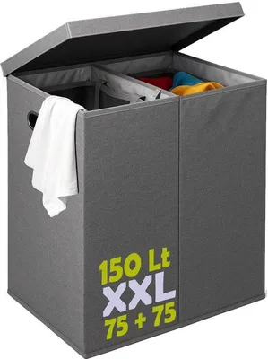 Imagen del producto de Cesta de ropa Unyqoos® de 150 litros: gran recipiente para ropa con 2 compartimentos, bolsas extraíbles, tapa hermética y asas de metal, ideal para el baño y la lavandería
