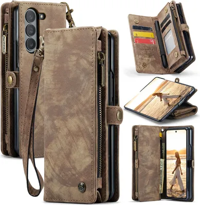 Produktbild von Schutzhülle für Samsung Galaxy Z Fold 6, Vintage Multifunktions Lederhülle, Kartenfächer, Reißverschluss Hülle Braun