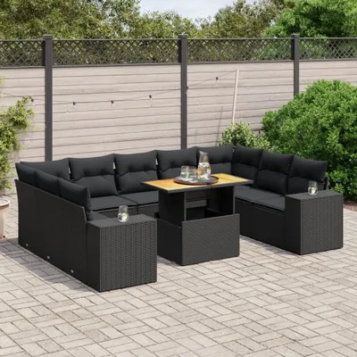 Produktbild von The Living Store 10-tlg. Garten-Sofagarnitur mit Kissen Schwarz Poly Rattan