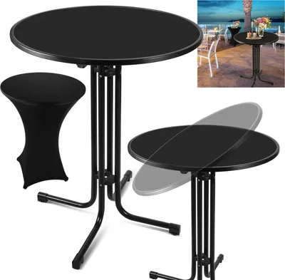 Produktbild von Bettizia Stehtisch Klappbar Outdoor Gastro Bistrotisch 2x Haken Ø 80 cm Rund Witterungsbeständig Schwarz Partytisch pulverbeschichtet Metall MDF