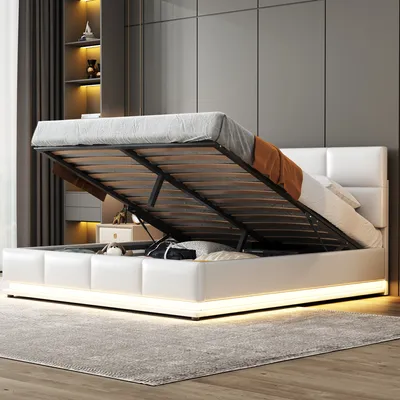 Produktbild von Łóżko tapicerowane Flieks z LED, łóżko na sprężynach hydraulicznych 160x200cm z listwową ramą, schowek, łóżko podwójne drewniane imitacja skóry