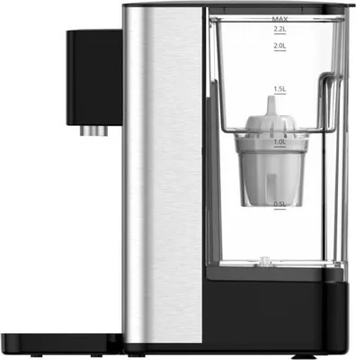 Side view of a water dispenser with a transparent water tank and a filter inside.