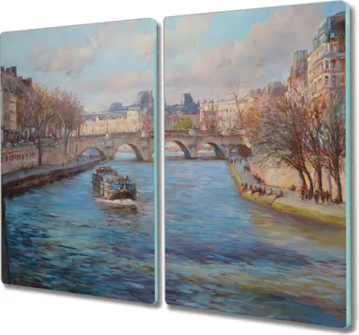 Produktbild von Coloray Hackbrett Kochplattenabdeckung Herdabdeckplatte 2x30x52 cm Schneidebrett Küchenbrett - Stadt Fluss Brücke Bäume