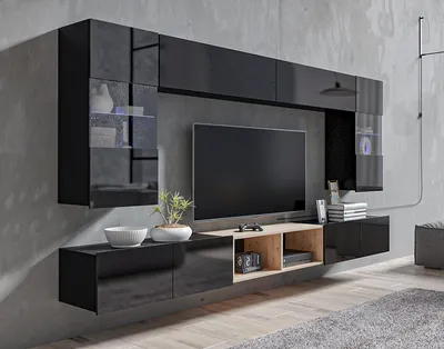 Produktbild von AX LIVING Wohnwand Wohnzimmer Kossana 24 – 300cm Schwarz/Goldene Eiche