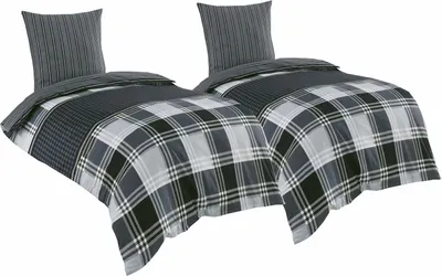 Produktbild von 4 tlg Baumwolle Renforce Bettwäsche 135x200 + 80x80 grau schwarz kariert Wendebettwäsche Ramos