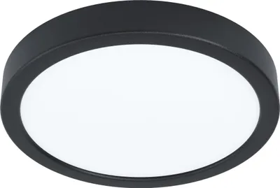 A black and white circular LED ceiling light is shown against a white background.