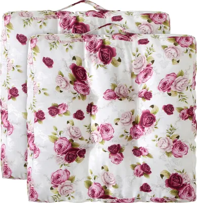 Two square seat cushions with a floral rose pattern are shown side-by-side.