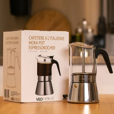Immagine prodotto di Caffettiera percolatrice classica italiana da 360 ml - lussuoso vetro di cristallo e acciaio inox, lavabile in lavastoviglie, ideale per tutti i fornelli, manico isolato termicamente, produce 6 tazze di espresso