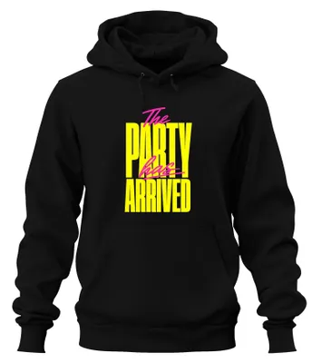 Productafbeelding van Het feest is begonnen! Grappige spreuk. Neon feestoutfit, hoodie, capuchontrui, zwart, maat L