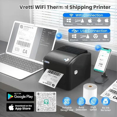 Obrázok produktu pre Tlačiareň štítkov vretti WiFi, formát 4x6, bezdrôtová tlačiareň štítkov pre zásielky s podávacím systémom papiera