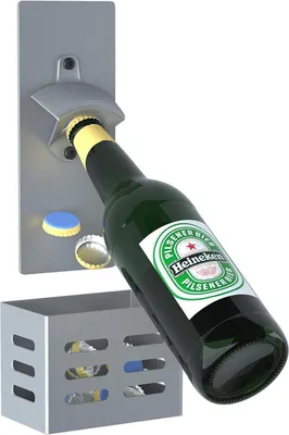 Image de Ouvre-bouteille magnétique mural gris avec réceptacle en acier au carbone Idéal pour la cuisine et le bar Cadeau de bière pour les hommes