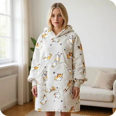 Zdjęcie produktu dla Kocobluza Bluza Koc Bluzokoc Kotek - Przytulna Damska Meska Oversize XXL Gruba Kaptur - Jeden Rozmiar - Idealna na zimowe dni