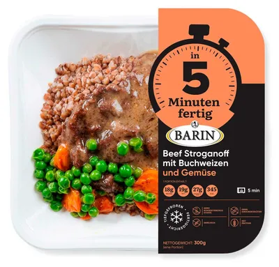 Produktbild von BARIN in 5 Minuten fertig Beef Stroganoff mit Buchweizen | zartes Rindfleisch & Gemüse | tiefgekühlt schockgefroren 300 g | Mikrowelle