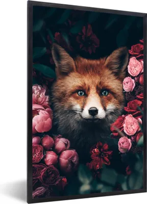 Produktbild von MuchoWow® Gerahmtes Poster Fuchs - Blumen - Tiere 60x90 cm - Poster mit Schwarzem Bilderrahmen Wandposter Rahmen Foto Bilder - Kunst