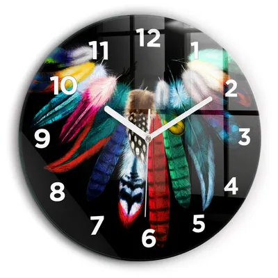 Produktbild von Wallfluent Große Wanduhr – Stilles Quarzuhrwerk - Uhr Dekoration Wohnzimmer Schlafzimmer Küche - Zifferblatt - weiße Zeiger - 60 cm - Bunte Federn eines Vogels