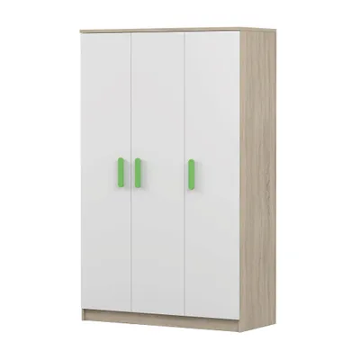 Produktbild von Kinder-Kleiderschrank 120 cm – Sonoma/Weiß mit grüne Griffe, Kleiderstange & Einlegeböden JONAS 19