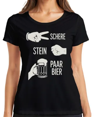 Productafbeelding van "Schaar, steen, papier, bier, grappig, vrijgezellenfeest, verjaardag, feest, bierkan, humor, dames T-shirt, zwart, XL."