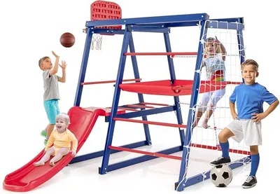 Imagen del producto de Estructura de escalada para exteriores, parque infantil 7 en 1 con tobogán, escalera de escalada, cuerda de escalada, red de fútbol, aro de baloncesto, plataforma de tela y plataforma de plástico, para 3-4 niños, 150 x 142 x 146 cm