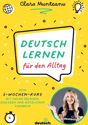 A bright yellow background with illustrations and text promoting a German language learning course.
