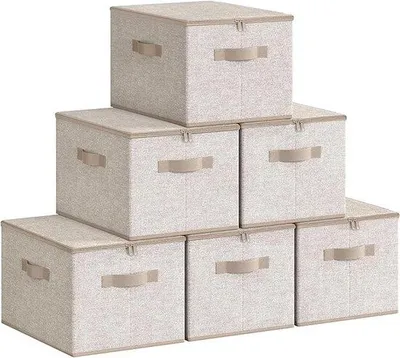Produktbild von Famanu Aufbewahrungsbox mit Deckel, Set von 6, faltbare Stoffboxen mit Griffen, 40x30x25 cm, sandbeige