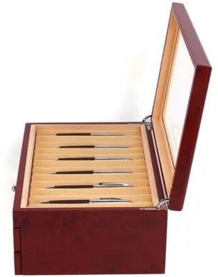 Image de Boîte à stylos en bois rouge - Organisateur de rangement à 3 niveaux avec 34 compartiments - Rangement de bureau pour stylos