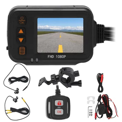 Zdjęcie produktu dla Rejestrator jazdy do motocykla, 2-calowy wyświetlacz z przodu i z tyłu, podwójna kamera, 1080P + 720P, odporny na deszcz, wielofunkcyjny