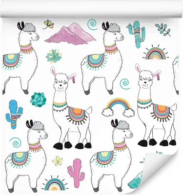 Produktbild von 10m VLIES TAPETE Rolle Kinderzimmer Lamas Kakteen Blumen Regenbogen XXL